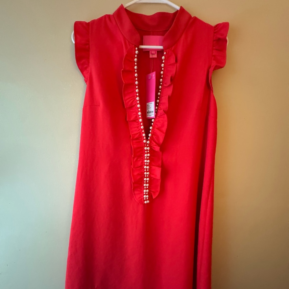 Lilly Pulitzer Lined Red Ruffle Dress w Pearl Details - size 2